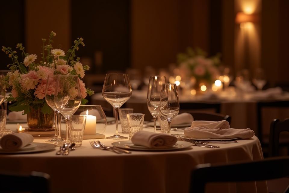 Elegant catering setup at a formal event venue with tables set and floral arrangements.