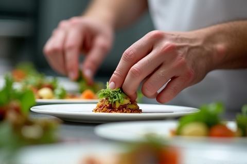 Close-up shot of chefs meticulously preparing intricate food items with focus and care.