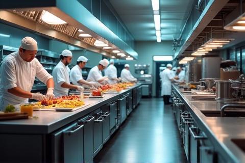 A view of a clean and busy kitchen environment with chefs working efficiently.