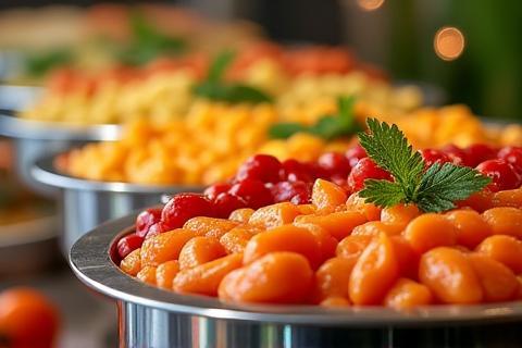 A beautifully arranged buffet food display featuring vibrant dishes and fresh ingredients.