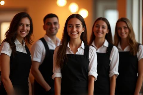 Service staff members standing ready and smiling, prepared to serve guests at an event.