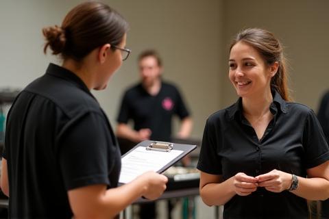 Two team members collaborating and discussing tasks during an event setup, showing teamwork.