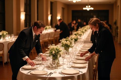 Team members setting up tables with elegant linens, glassware, and decor at an event venue.